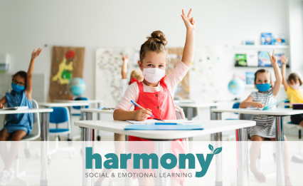 Child Raising hand with Harmony logo overlay