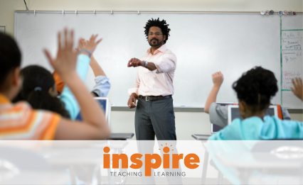 Teacher in class with Inspire logo overlay